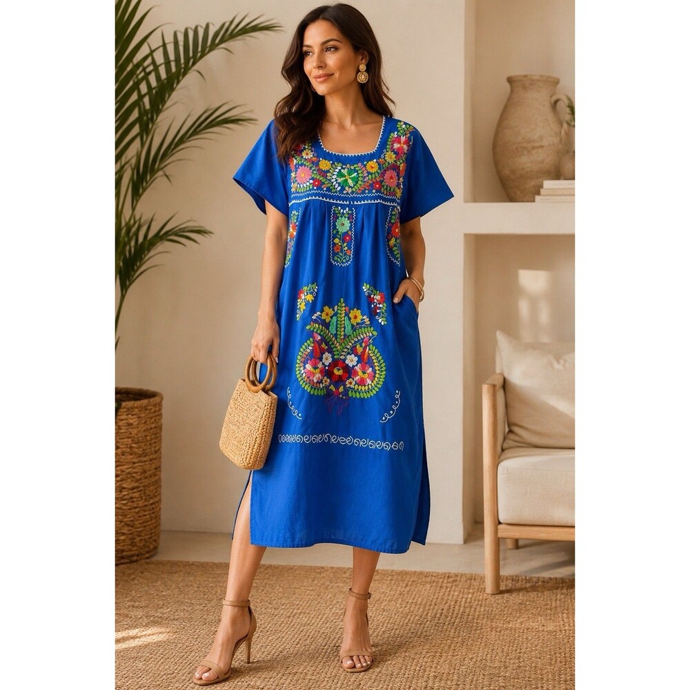 Mexican Embroidered Caftan Puebla Dress Blue Floral Oaxaca Muumuu OS Vintage